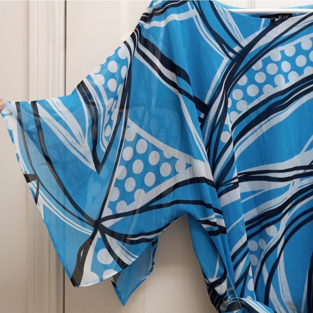 Womens Kimono Top Blue Size 16 Tie Waist Artsy Resortwear Boho Retro - Picture 5 of 15